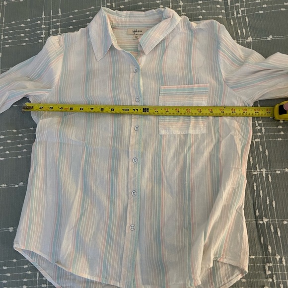 Style & Co long sleeve button down stripe pastel pink blue peach M - Picture 8 of 9